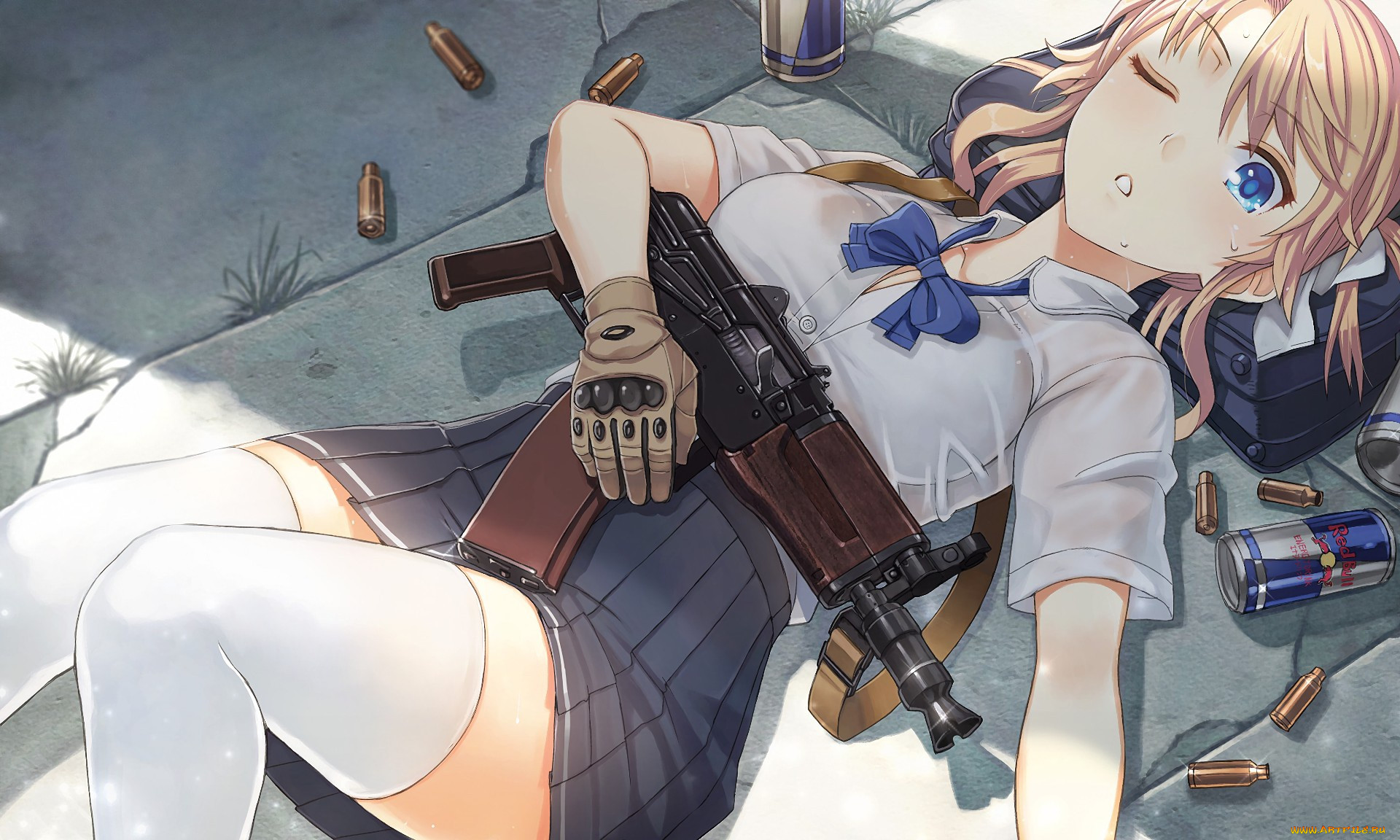 , ,  ,  , girl, gun, weapon, anime, japanese, gloves, redbull, bishojo, aks-74u